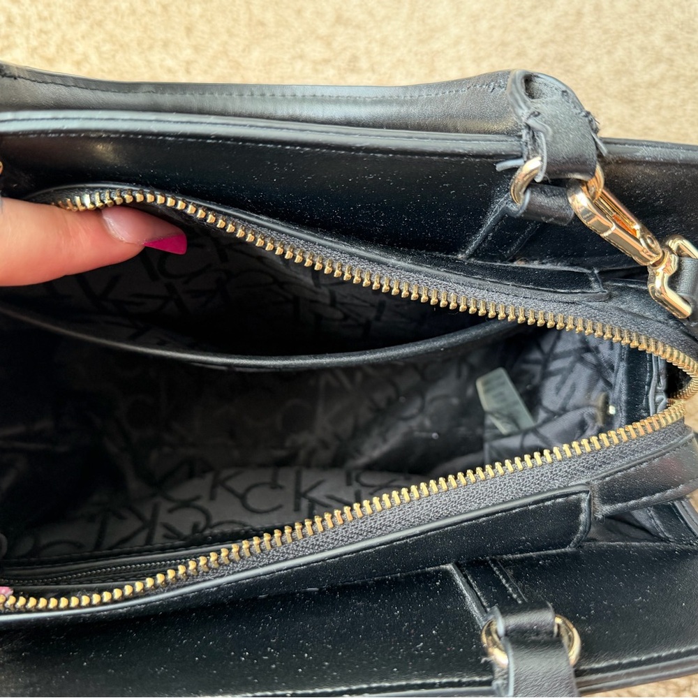 Calvin Klein Black Leather Satchel with Brown Monogram Front - Picture 4 of 4